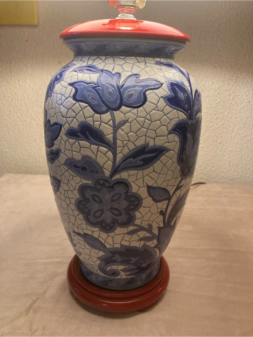 Vintage Blue and White Floral Ceramic Lamp with Red Accents